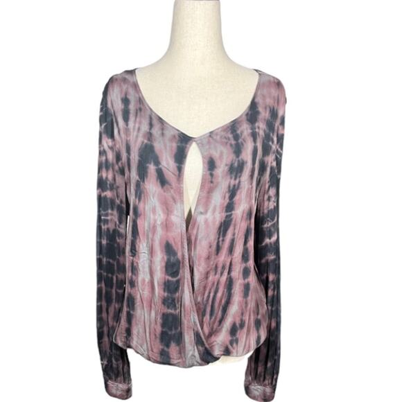 NWT Young Fabulous & Broke Black Pink Tie Dye Key Hole Long Sleeve Blouse M - Picture 2 of 14